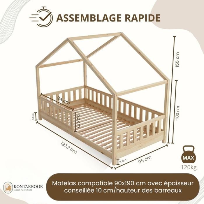 Kinder-Hochbett 90x190 cm - Holz - Inklusive Lattenrost - Kinderstil