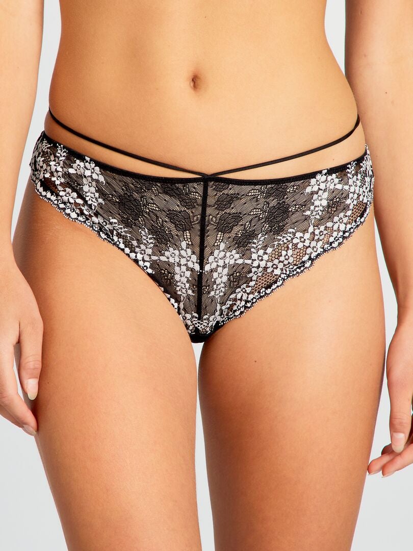 Kanten string met geborduurde bloemen - zwart