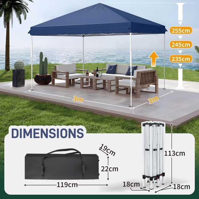 Tonnelle de jardin,Tente de Réception Chapiteau-3x3m，avec 4 sacs de lestage，Barnum Pliant，Tente pour Jardin,bleu