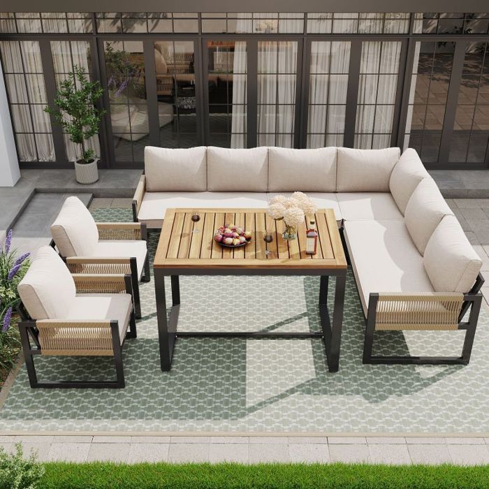 Conjunto de muebles de jardín para exteriores - LANGTU - Modular de 8 plazas - Cojines de 8 cm - Tejido de cuerda - Mesa de 95x63x65 cm