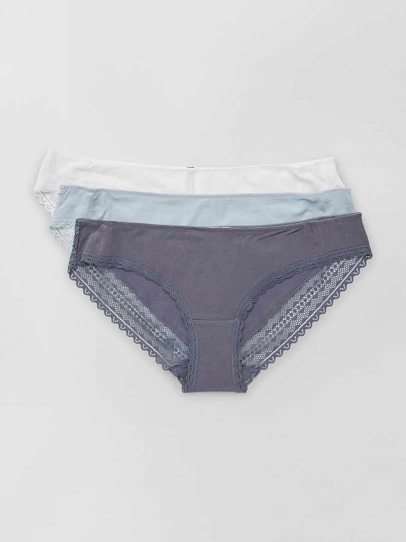 Set van 3 katoenen kanten slipjes - BLAUW