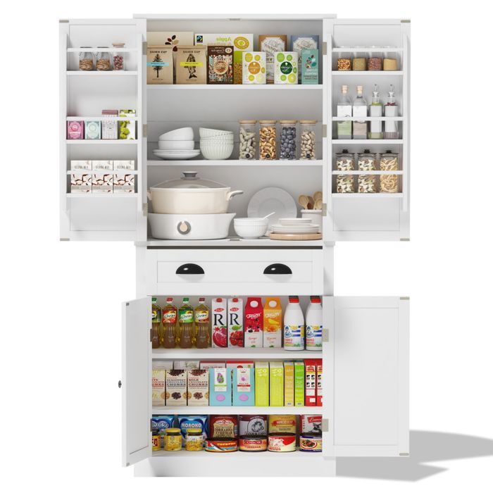 Aparador de cozinha, armário alto para cozinha, sala de jantar, 4 portas, gaveta, prateleiras ajustáveis, MDF, branco, estilo rústico, 80x40x182cm