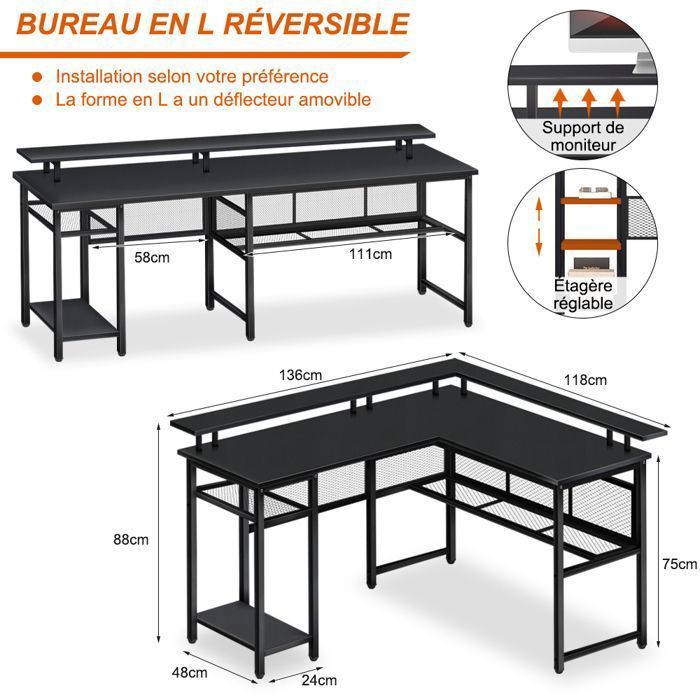 L-vormig gamingbureau - 140x120x75 cm - Hoekbureau met opbergruimte - Monitorstandaard - 2 USB-opladers, 3 stopcontacten, LED-verlichting