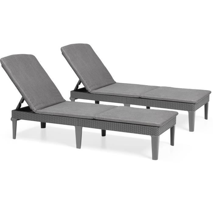 Set of 2 sun loungers - Allibert by KETER – JAIPUR – in imitation woven rattan resin – cushion – adjustable backrest – grey