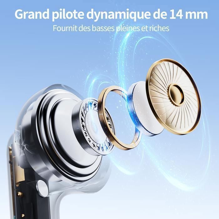Auriculares inalámbricos VEATOOL, sonido estéreo, controladores de 14 mm, Bluetooth 5.3, reducción de ruido, 40 horas de duración de la batería, resistencia al agua IPX6, color blanco, 2,5 g, ligeros.