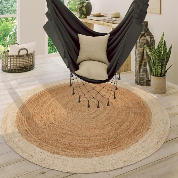 Paco Home Rond Handgemaakt Woonkamerkleed, Kortpolig met Moderne Rand, Gebroken Wit en Beige, 120 cm Rond