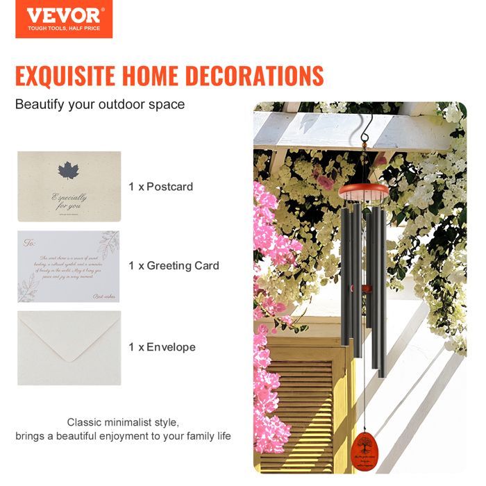Carillon à Vent Extérieur-VEVOR-1042 mm-Carillon Éolien au Ton Profond avec 6 Tubes-pour Terrasse, Porche, Jardin et Arrière-cour
