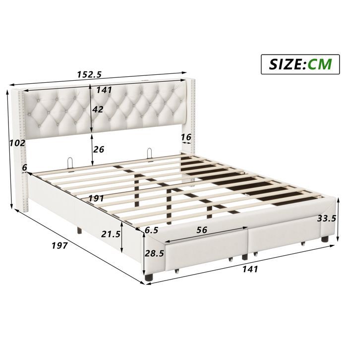 Lit 140x190 cm - COZY - LED - tissu en velours - sommier - tiroir - cadre de lit double 140x190 cm - beige