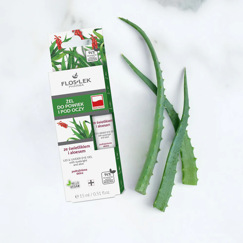 Gel para os olhos FlosLek Pharma Eye Care com eufrásia e aloe vera.