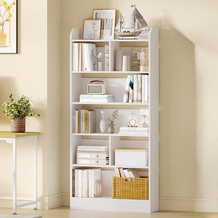 Estantería de 6 niveles, mueble para libros, separador de ambientes, para salón, dormitorio u oficina, 24 x 80 x 170 cm, blanca.