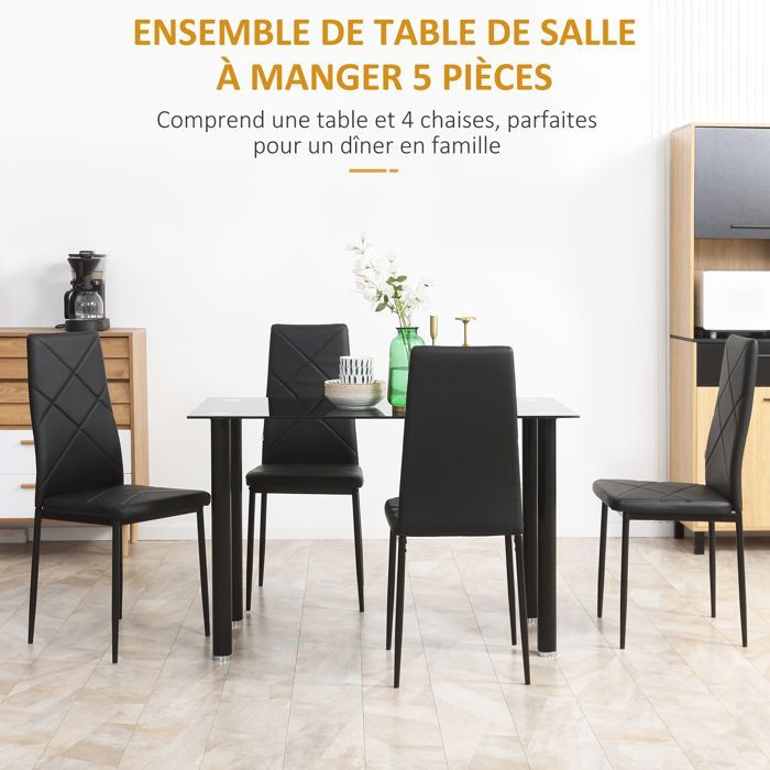 Ensemble table à manger - HOMCOM - meubles 5 pièces cuisine salle à manger plateau verre trempé - acier - noir
