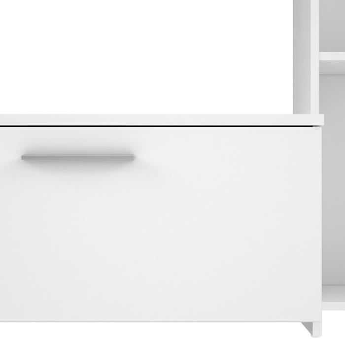 Meuble TV paroi PILVI - Particules mélaminé -Décor blanc mat - porte vitrée + 1 abattant + 5 niches - L220 x P41 x H177,5 cm