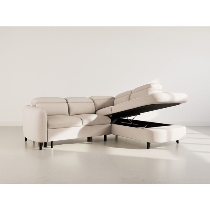 Opaline - Sofá cama esquinero derecho de 5 plazas con reposacabezas y espacio de almacenamiento en tela texturizada - Beige
