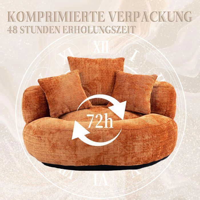 Sillón puf de chenilla LEMONBEST, 2 plazas con 3 cojines - 108×108×52 cm Naranja