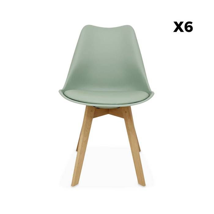 Juego de 6 sillas escandinavas. Patas de madera de haya. Sillas individuales. Color verde celadón.