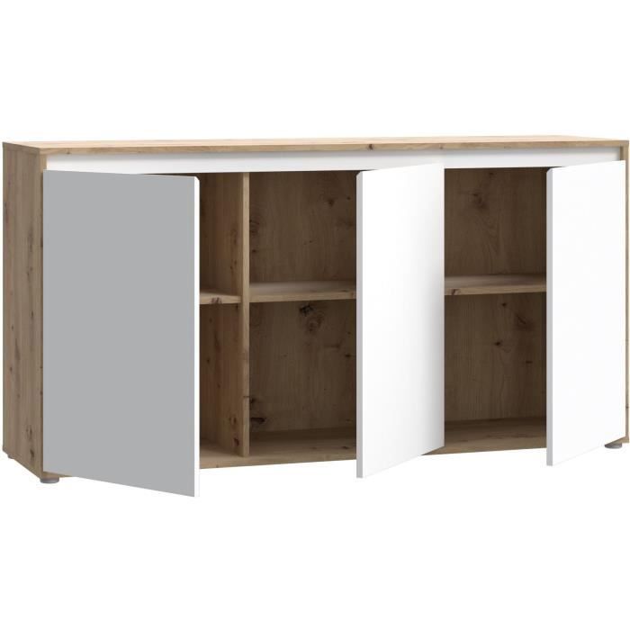 Aparador - SKELPE - Blanco mate y roble - 3 puertas + 3 estantes - 152,6 x 42 x 78,5 cm