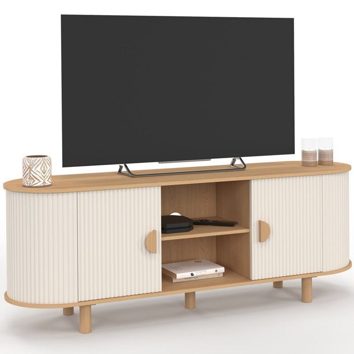 Mobile porta TV IDMARKET KANEL da 140 cm con 2 ante, finitura beige scanalata e legno.
