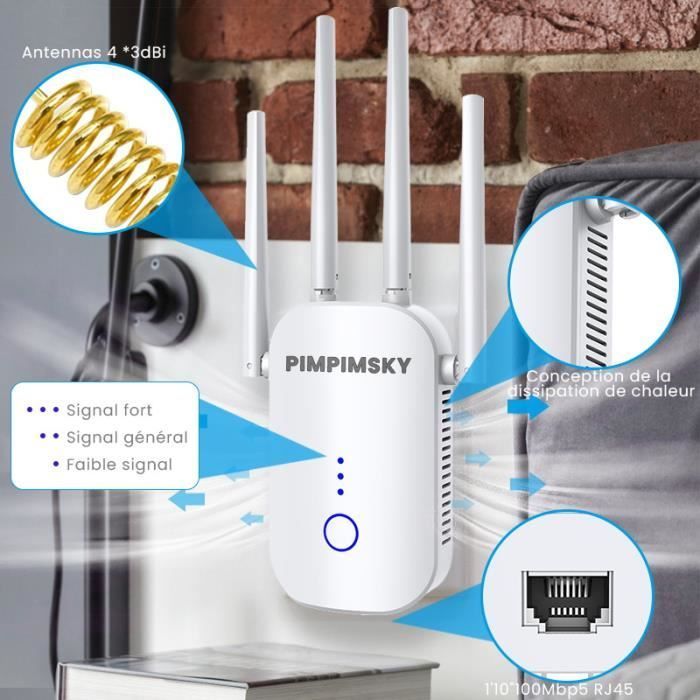 PIMPIMSKY Répéteur WiFi Puissant 1200Mbps Amplificateur WiFi 5.8GHz & 2.4GHz Extender Double Bande WiFi Range Booster 1 Port