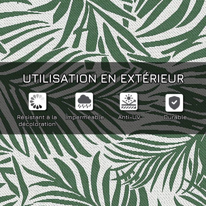 Tapis d'extérieur - Outsunny - réversible motif feuilles tropical haute densité 310 g/m² - PP - 152x243cm - vert