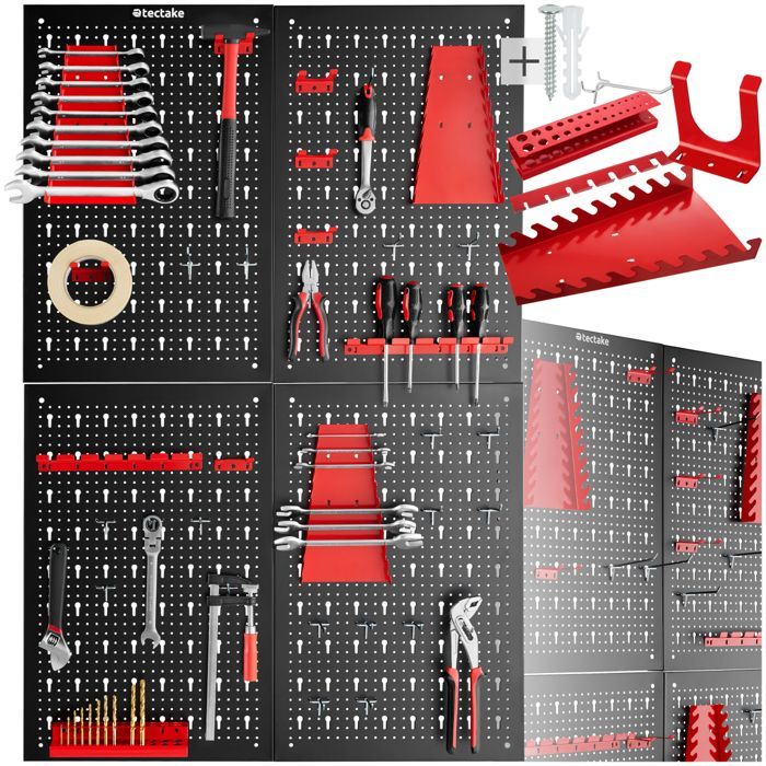 Almacenamiento de herramientas - TECTAKE - Juego de 4 paneles de acero perforado JONAH para un práctico almacenamiento de herramientas con ganchos incluidos.