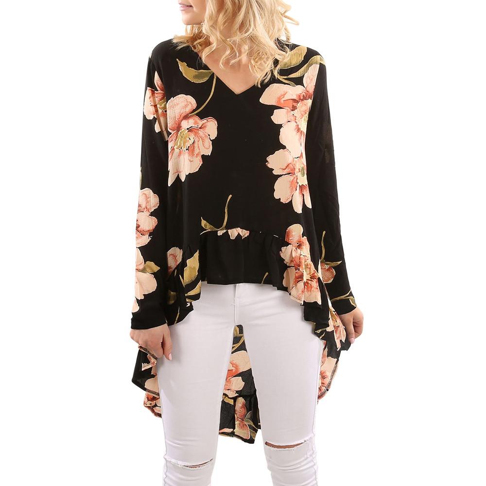 Chemisier à imprimé floral pour femme, à volants et coupe asymétrique, manches longues, style décontracté, manches papillon, grandes tailles.