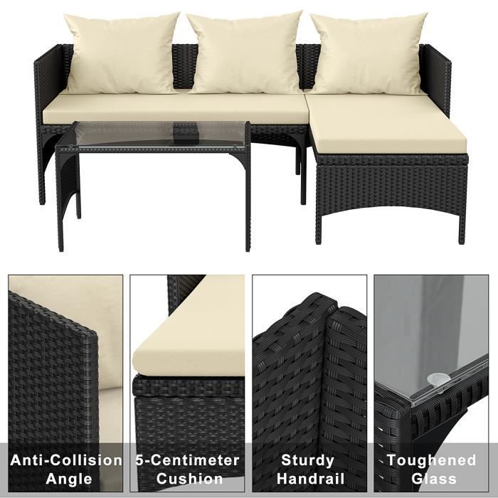 Canapé de jardin | Salon de jardin en imitation résine tressée | avec coussins et table basse | 4 personnes | Noir