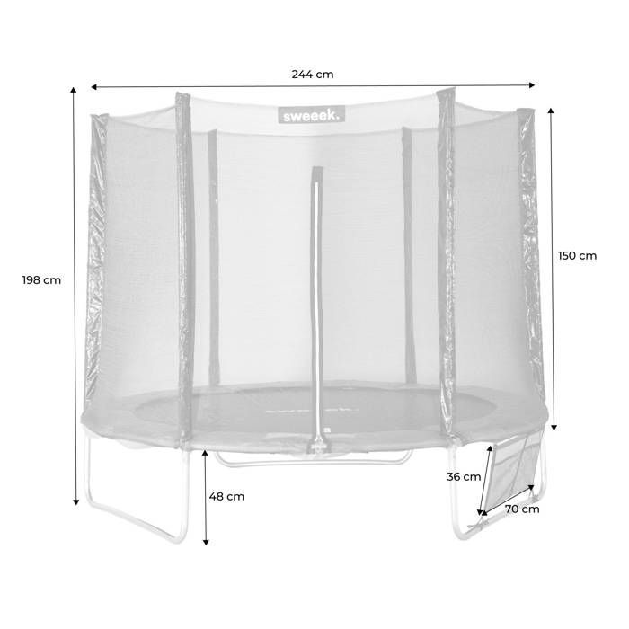250cm trampoline. Grey. With safety net, cover, shoe net, and anchoring kit.