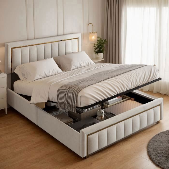 Letto contenitore - PERGAR - 160 x 200 cm - Velluto beige - Design contemporaneo - Portata 250 kg