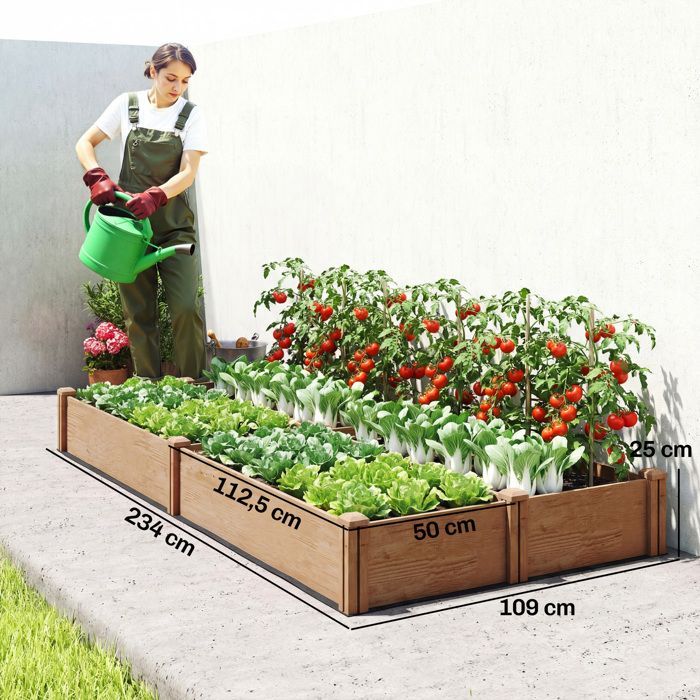Raised garden bed - Outsunny - 4 growing zones, open bottom with tool-free assembly - wood - 234x109x25cm - light brown