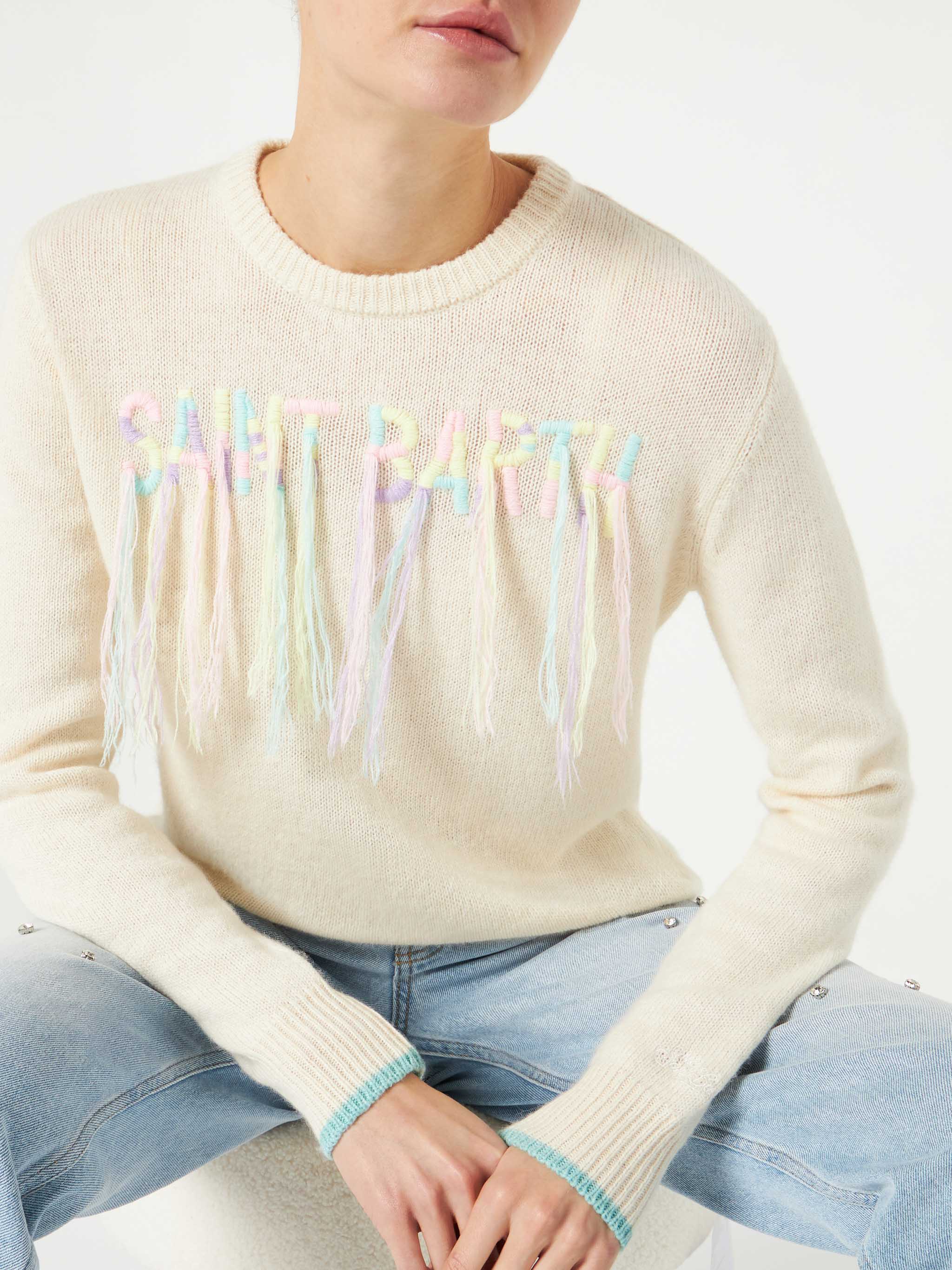 Saint Barth Damenpullover aus angerautem Material mit Fransenstickerei