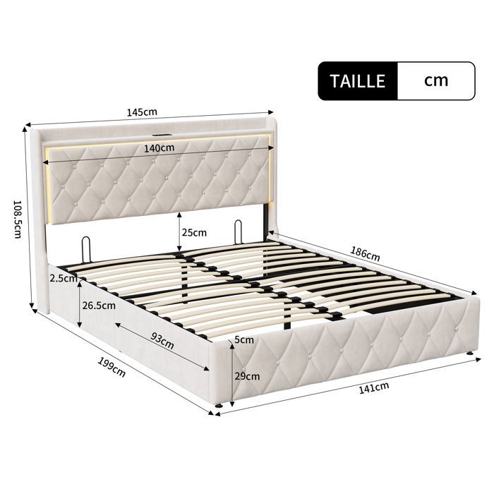 Lit 140x190 cm avec LED et USB - CWXL - lit coffre 140x190 avec sommier à lattes - cadre de lit adulte - tissu en velours - beige