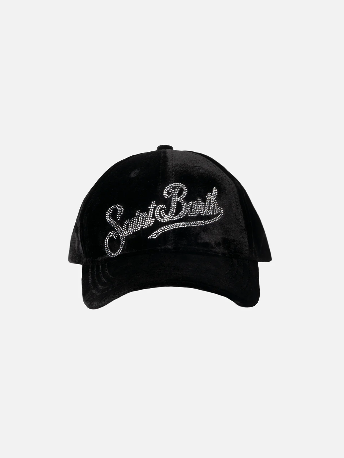 Zwarte fluwelen baseballpet met logo van strass-steentjes