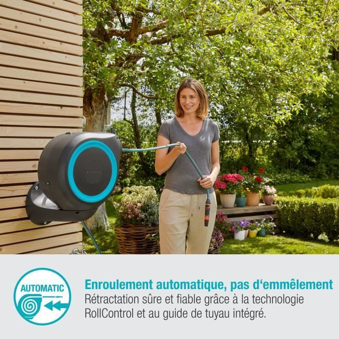 Enrollador de manguera de jardín automático Gardena de 15 m para montaje en pared