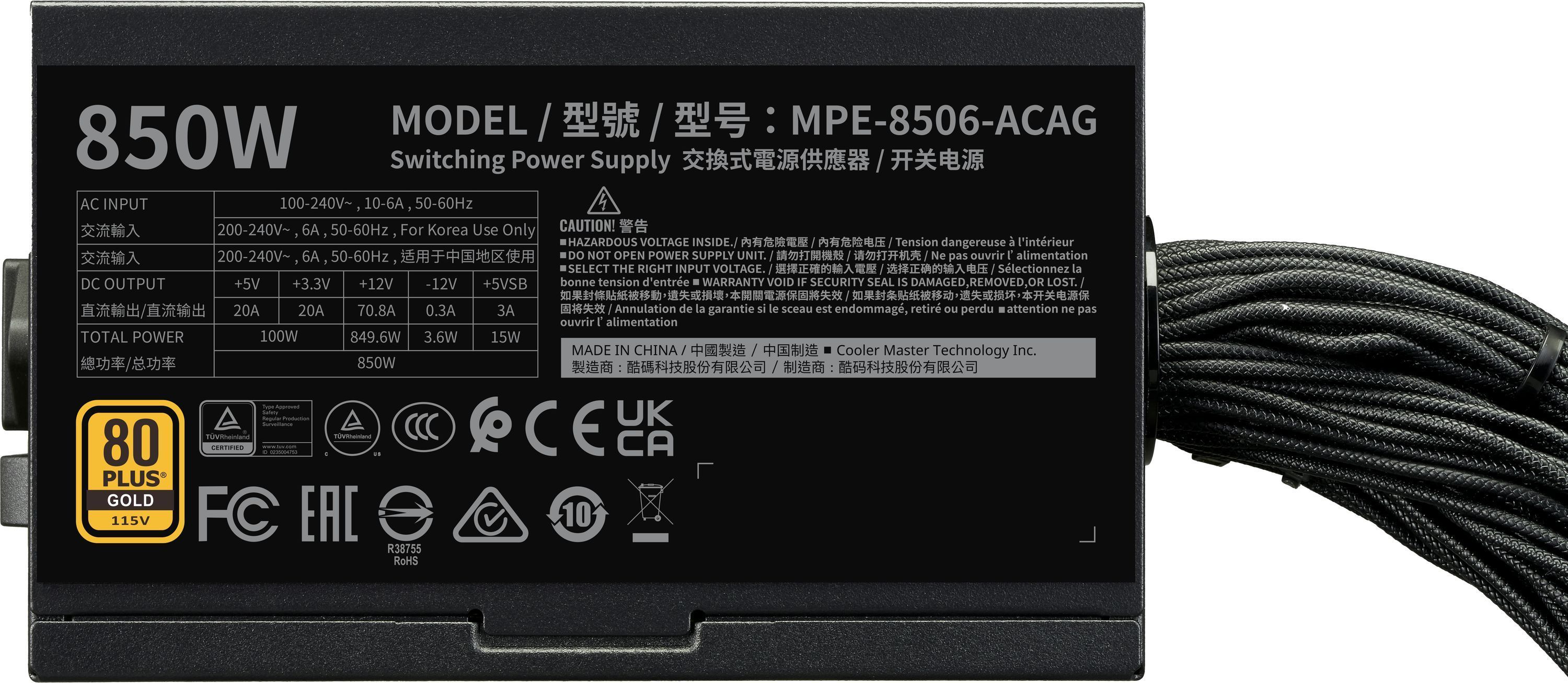 Alimentatore per PC - COOLER MASTER - MPE-8506-ACAG-BEU - MWE Gold 850 V3 Non modulare - ATX 3.1 - 80+ GOLD - 850 W