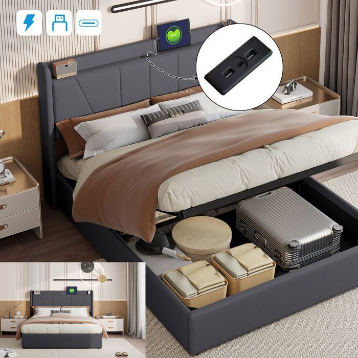 Letto matrimoniale contenitore 160 x 200 cm in lino grigio, letto per adulti con porte USB e Type-C, contenitore idraulico, base a doghe.