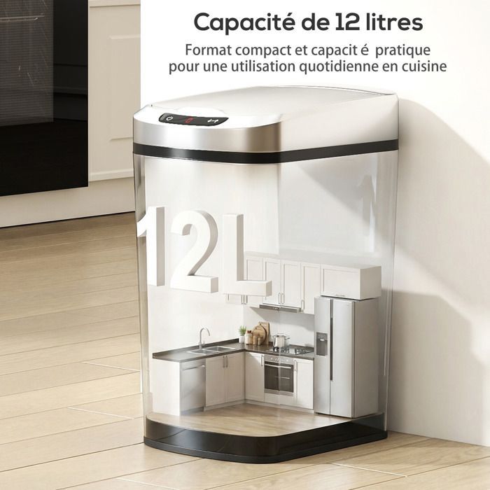 Poubelle de cuisine automatique - HOMCOM - 12 L - poubelle à capteur avec couvercle - acier inoxydable - 28 x 22 x 41 cm - argent