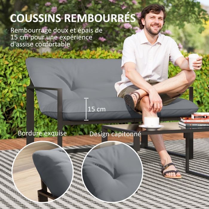 Garden furniture set - Outsunny - 4 pieces - with 2-seater sofa, 2 armchairs and 1 coffee table with 3 cushions - black steel polyester - grey