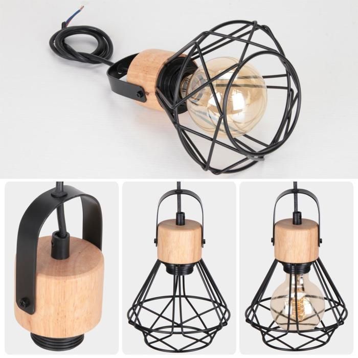 Lámparas colgantes industriales IDEGU 3, 16 cm, hierro vintage y madera, diseño retro tipo jaula, lámpara colgante negra para sala de estar y dormitorio.