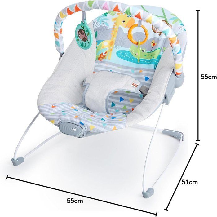 Sdraietta BRIGHT STARS Baby - Safari - Arco con giocattoli rimovibili per lo sviluppo, tra cui uno specchietto per bambini e un'imbracatura a 3 punti.