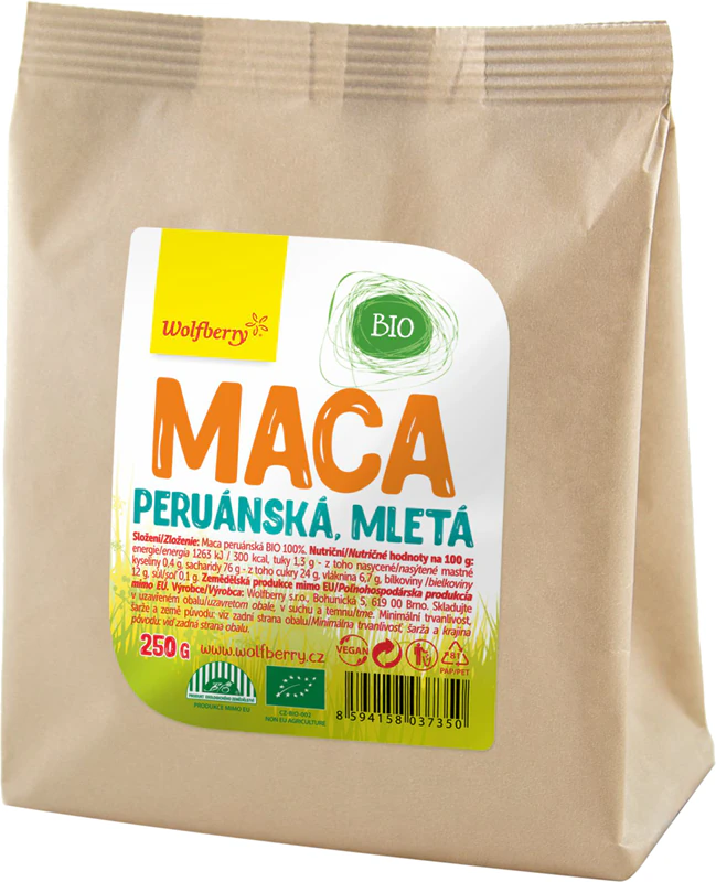 Doplněk stravy Wolfberry Maca Powder v bio kvalitě pro podporu fyzické a psychické rovnováhy těla