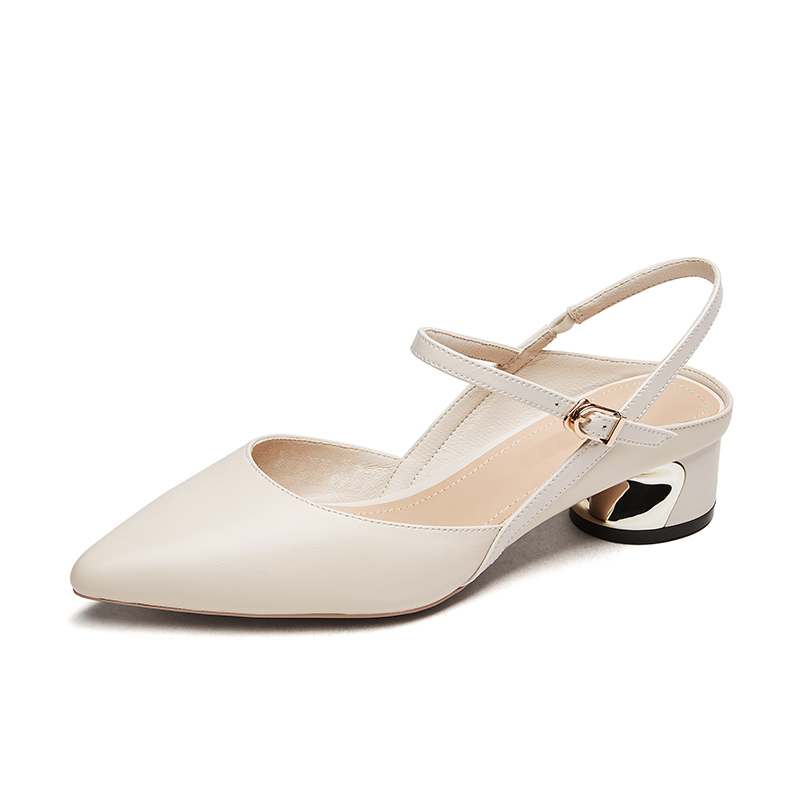 Sandali da donna in vera pelle con punta affusolata e cinturino alla caviglia, modello slip-on estivo con tacco medio, perfetti per l'ufficio.