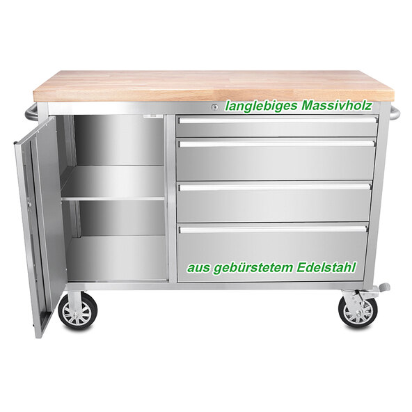 Stainless steel tool trolley with 4 drawers, 130cm