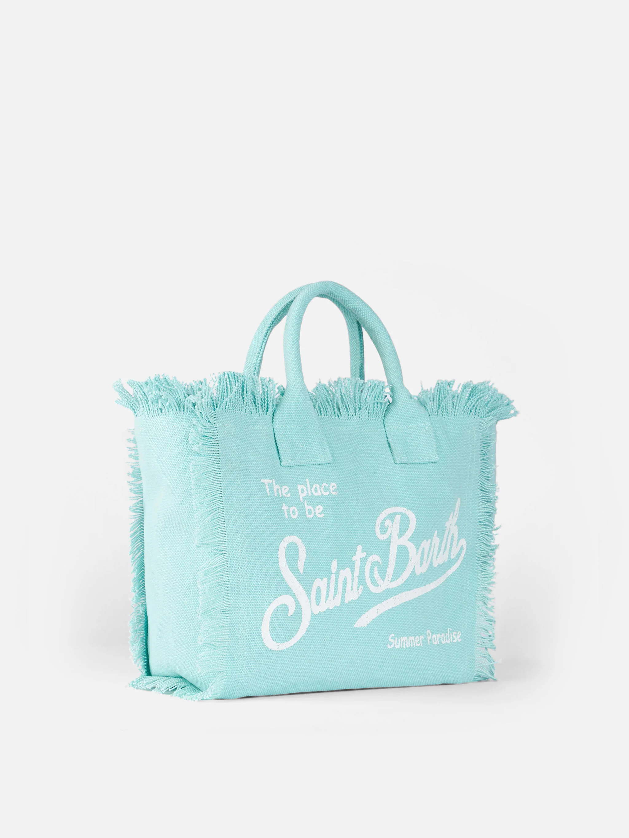 Bolso de mano Colette de lona de algodón con flecos - Verde agua con logo de Saint Barth y bolsillo con cremallera | MC2 Saint Barth