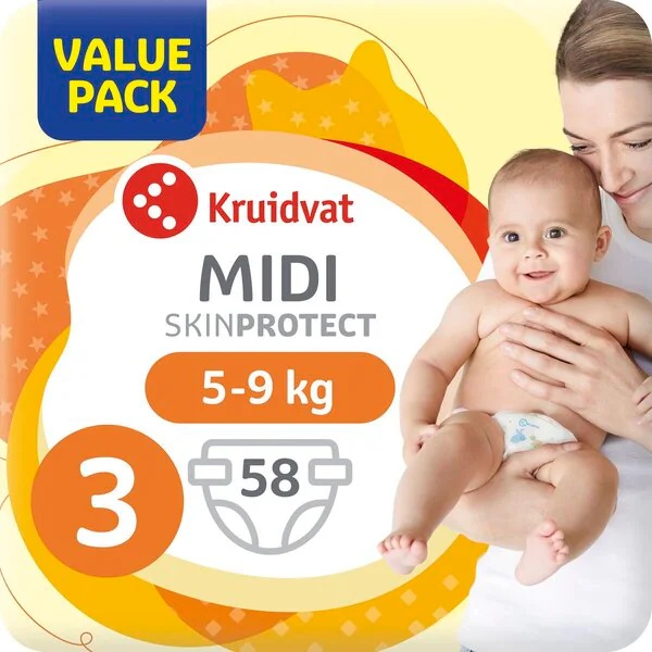 Kruidvat 3 Midi пелене, повољно паковање, величина 3 (4-9 кг), 58 комада