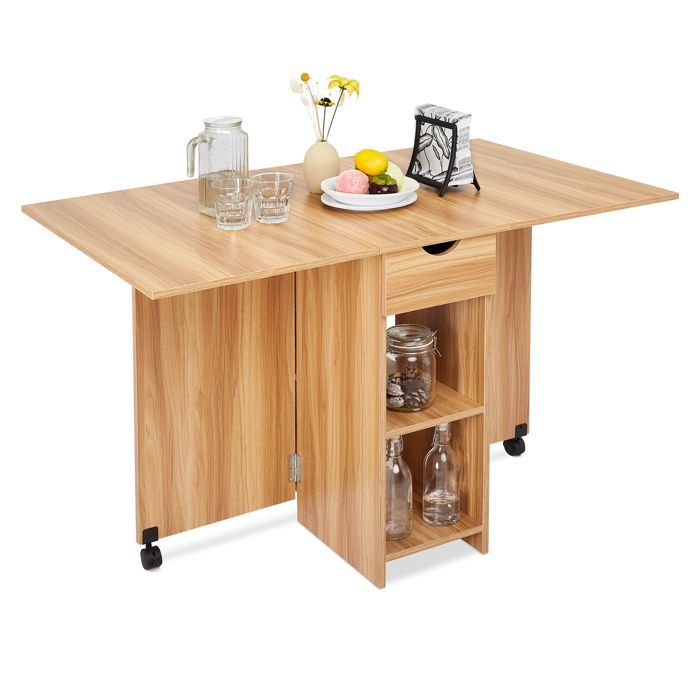 Mesa de comedor plegable Mondeer, mesa plegable con 1 cajón y 2 estantes, mesa de cocina para espacios pequeños, roble rojo.