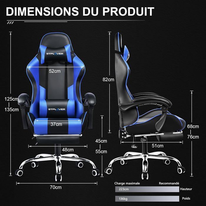 Chaise Gaming Repose Pieds Coussin Lombaire de Massage Fauteuil de Bureau Ergonomique avec Accoudoir Synchronisé (Bleu)