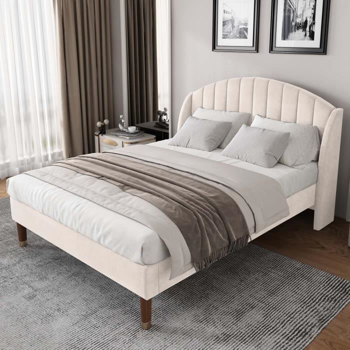 Volwassenenbed 140x190 cm met lattenbodem, fluwelen stof, beige - MODERNLUXE - Hedendaags - Design