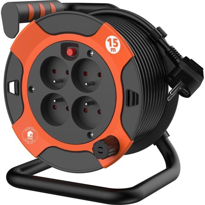 Enrouleur - QUARX - Bricolage - 15m, H05VV-F 3G1,5mm², disjoncteur thermique