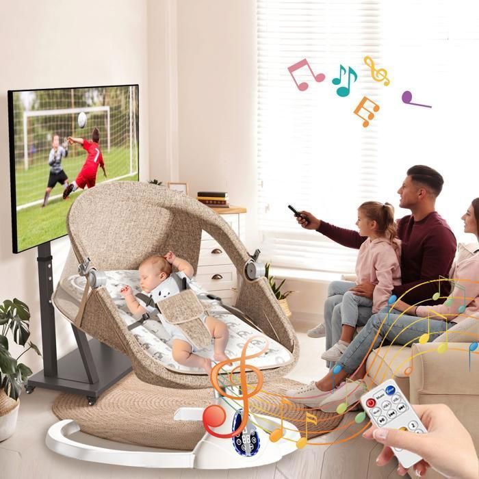 Babyschommel, 5 snelheden met Bluetooth-muziek, afstandsbediening en timer – Draagbare wipstoel voor pasgeborenen tot 15 kg – Bruin