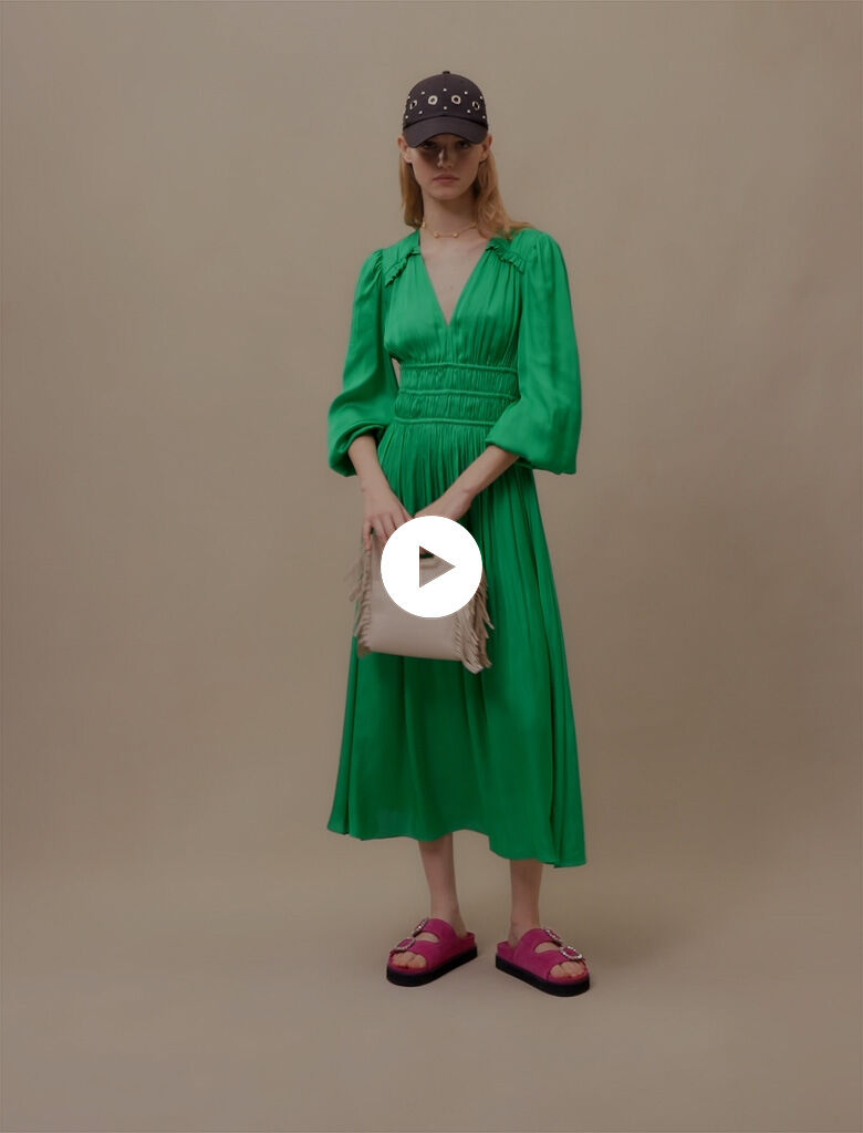 Satijnen midi-jurk met ruches - Vert Gazon